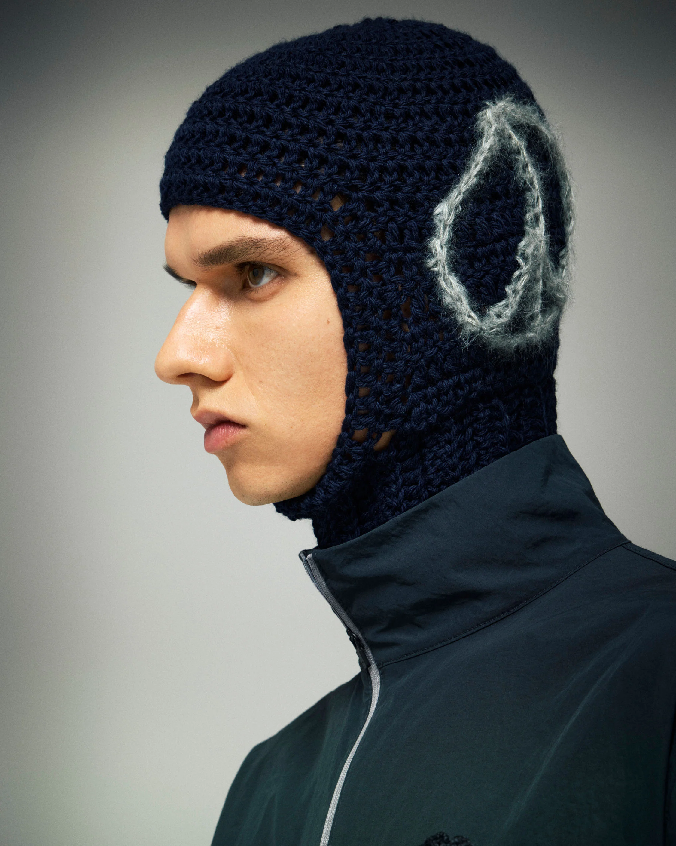 Hand Crochet Balaclava, Navy-Green Peace Sign - Image 3
