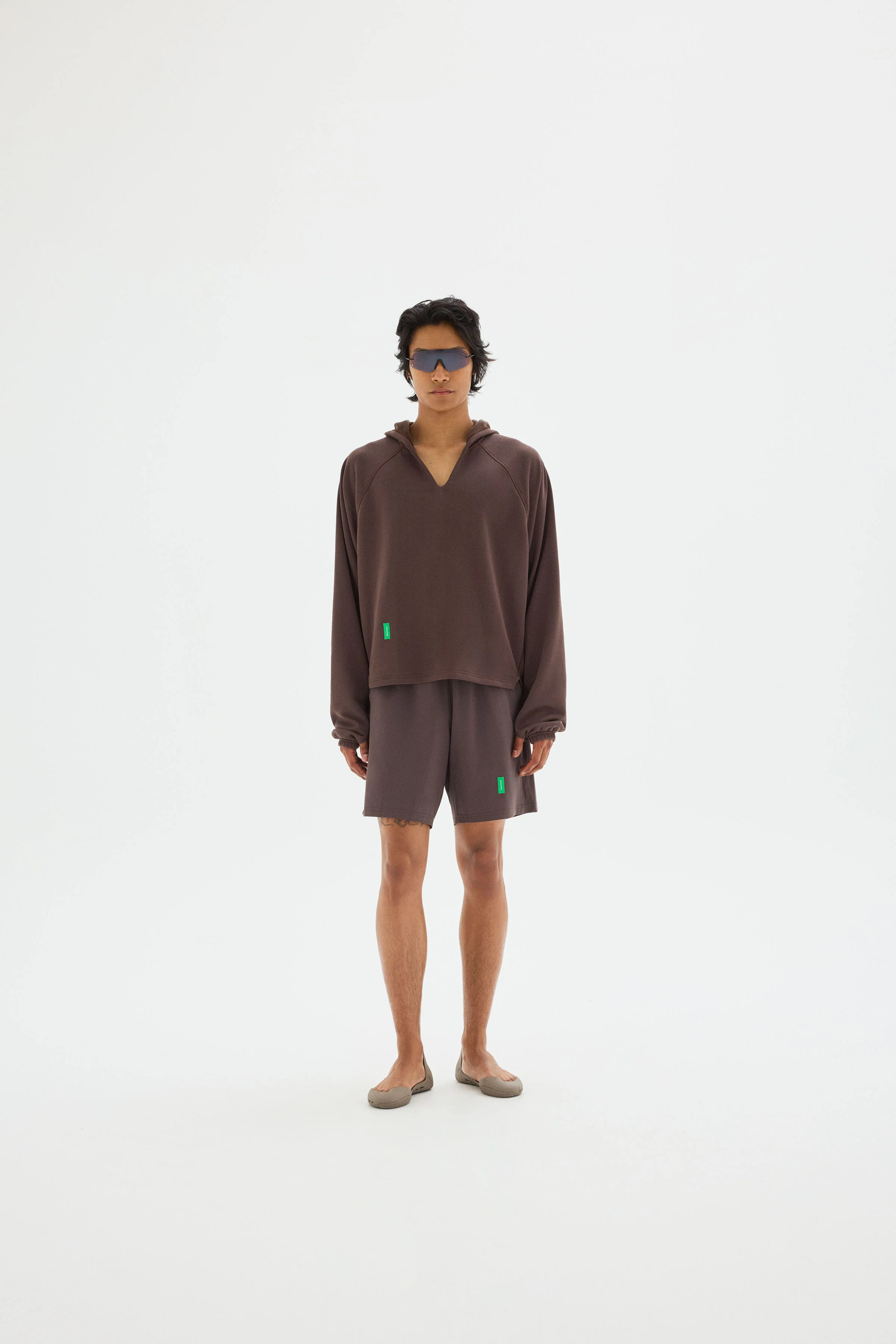 Open Neck French Terry Hoodie, Umber - Image 3